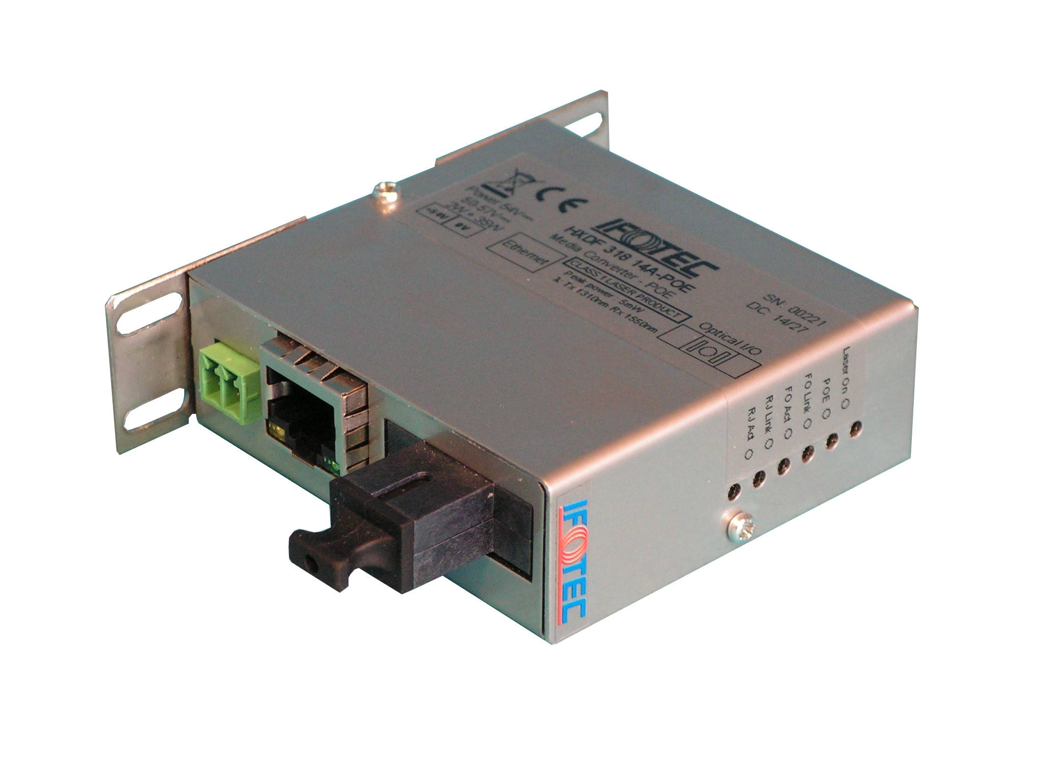 Convertisseur de média Fast Ethernet PoE+ (PSE) industriel 1 port fibre optique 100Base-FX